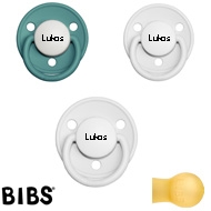 Bibs de Lux sutter med navn (2 White + 1 Island Sea-HK) Runde Latex str.1, 3 pack